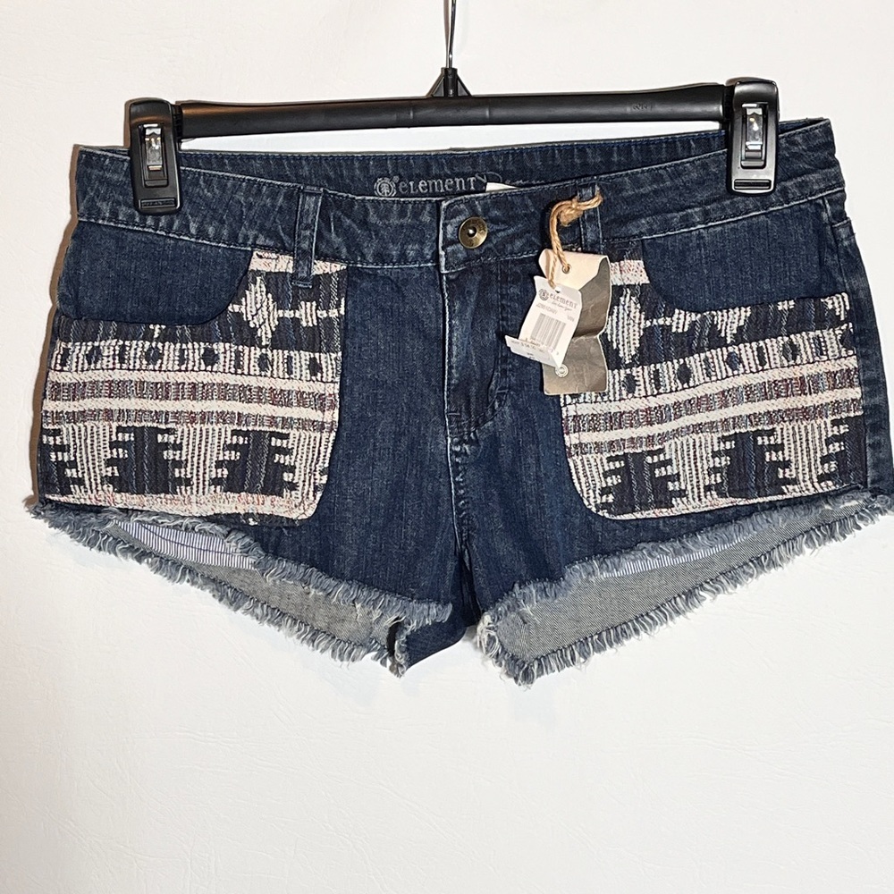 Element Dark Blue Denim Jean Shorts with Aztec Patch Pockets